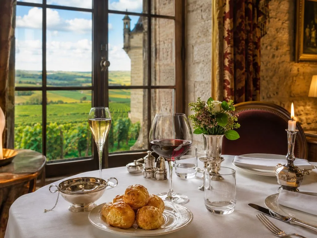 Mittagsverkostung in La Table de Léonce, im Château du Clos de Vougeot